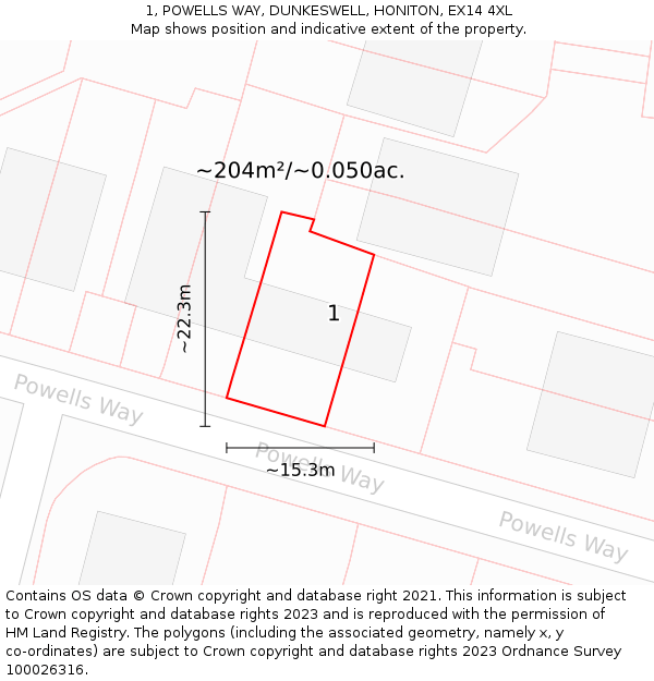 1, POWELLS WAY, DUNKESWELL, HONITON, EX14 4XL: Plot and title map