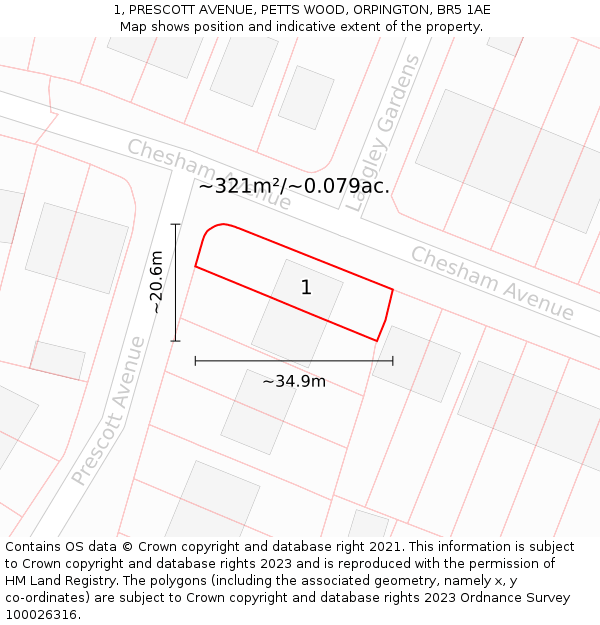 1, PRESCOTT AVENUE, PETTS WOOD, ORPINGTON, BR5 1AE: Plot and title map