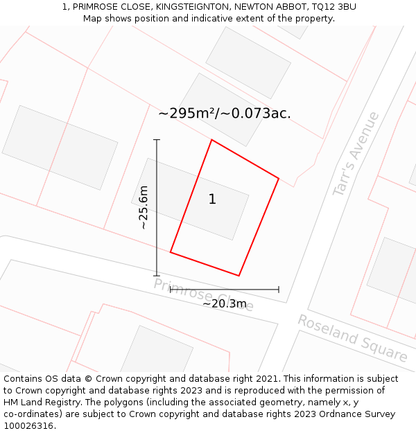 1, PRIMROSE CLOSE, KINGSTEIGNTON, NEWTON ABBOT, TQ12 3BU: Plot and title map