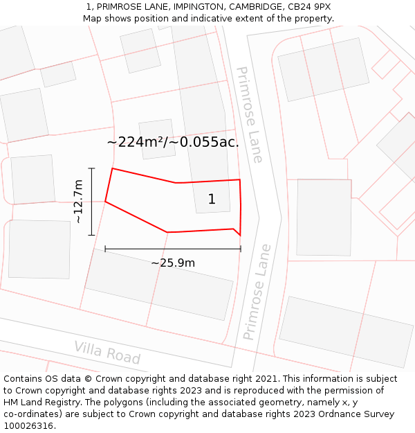 1, PRIMROSE LANE, IMPINGTON, CAMBRIDGE, CB24 9PX: Plot and title map