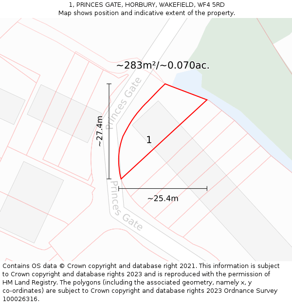 1, PRINCES GATE, HORBURY, WAKEFIELD, WF4 5RD: Plot and title map