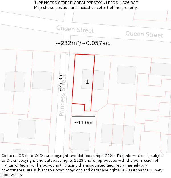 1, PRINCESS STREET, GREAT PRESTON, LEEDS, LS26 8GE: Plot and title map