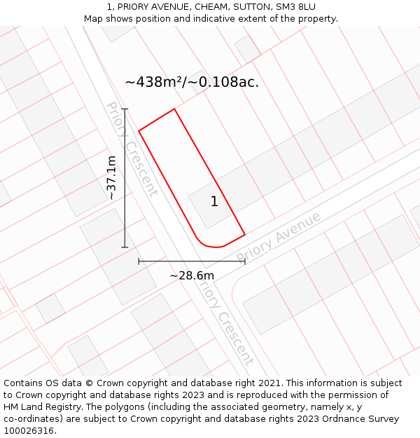 1, PRIORY AVENUE, CHEAM, SUTTON, SM3 8LU: Plot and title map