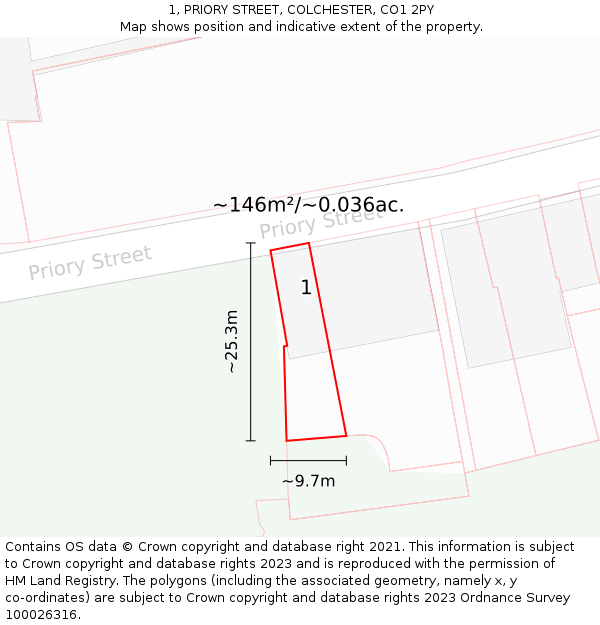 1, PRIORY STREET, COLCHESTER, CO1 2PY: Plot and title map