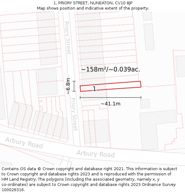 1, PRIORY STREET, NUNEATON, CV10 8JP: Plot and title map