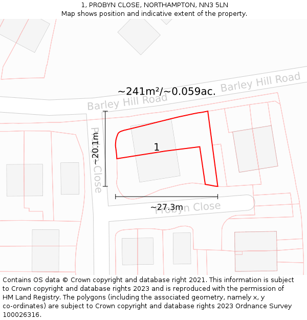 1, PROBYN CLOSE, NORTHAMPTON, NN3 5LN: Plot and title map