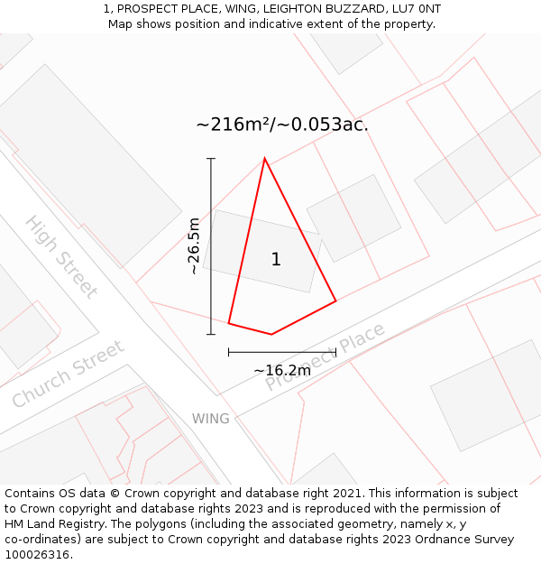 1, PROSPECT PLACE, WING, LEIGHTON BUZZARD, LU7 0NT: Plot and title map
