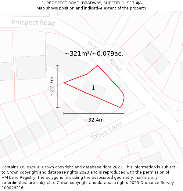 1, PROSPECT ROAD, BRADWAY, SHEFFIELD, S17 4JA: Plot and title map