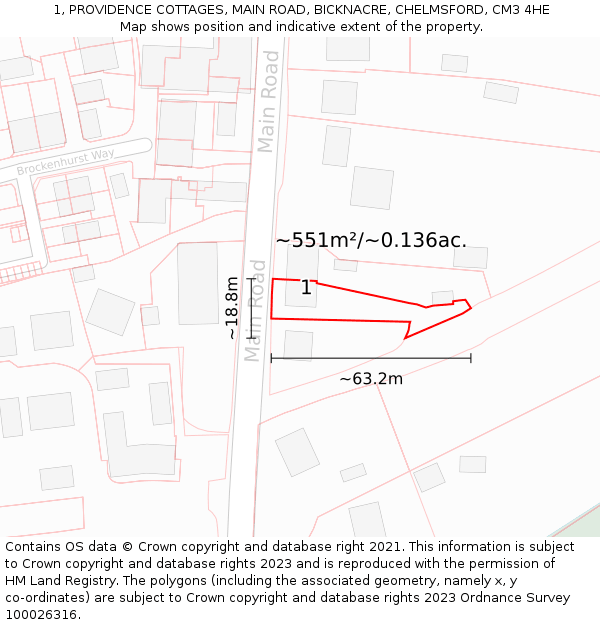 1, PROVIDENCE COTTAGES, MAIN ROAD, BICKNACRE, CHELMSFORD, CM3 4HE: Plot and title map