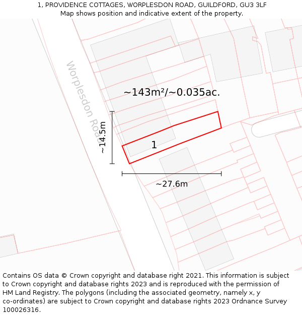 1, PROVIDENCE COTTAGES, WORPLESDON ROAD, GUILDFORD, GU3 3LF: Plot and title map