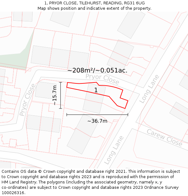 1, PRYOR CLOSE, TILEHURST, READING, RG31 6UG: Plot and title map