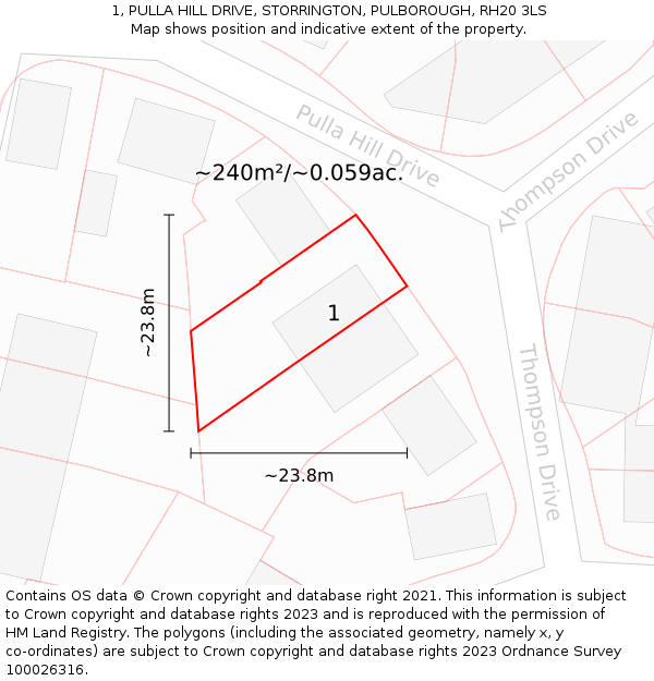 1, PULLA HILL DRIVE, STORRINGTON, PULBOROUGH, RH20 3LS: Plot and title map