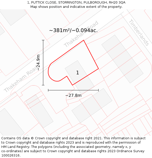 1, PUTTICK CLOSE, STORRINGTON, PULBOROUGH, RH20 3QA: Plot and title map