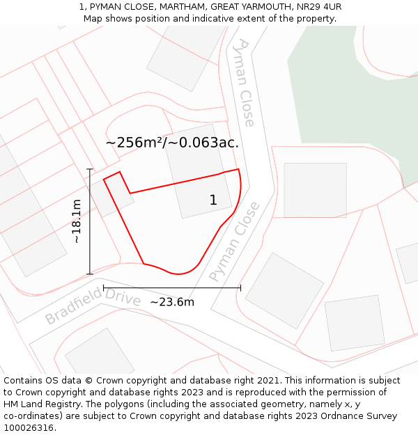 1, PYMAN CLOSE, MARTHAM, GREAT YARMOUTH, NR29 4UR: Plot and title map