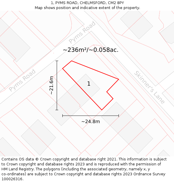 1, PYMS ROAD, CHELMSFORD, CM2 8PY: Plot and title map