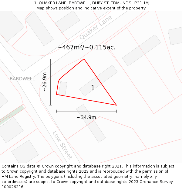 1, QUAKER LANE, BARDWELL, BURY ST. EDMUNDS, IP31 1AJ: Plot and title map