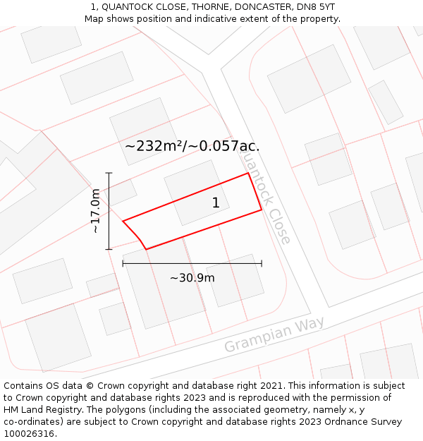 1, QUANTOCK CLOSE, THORNE, DONCASTER, DN8 5YT: Plot and title map