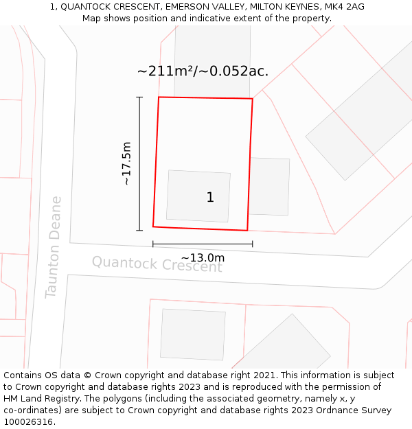 1, QUANTOCK CRESCENT, EMERSON VALLEY, MILTON KEYNES, MK4 2AG: Plot and title map