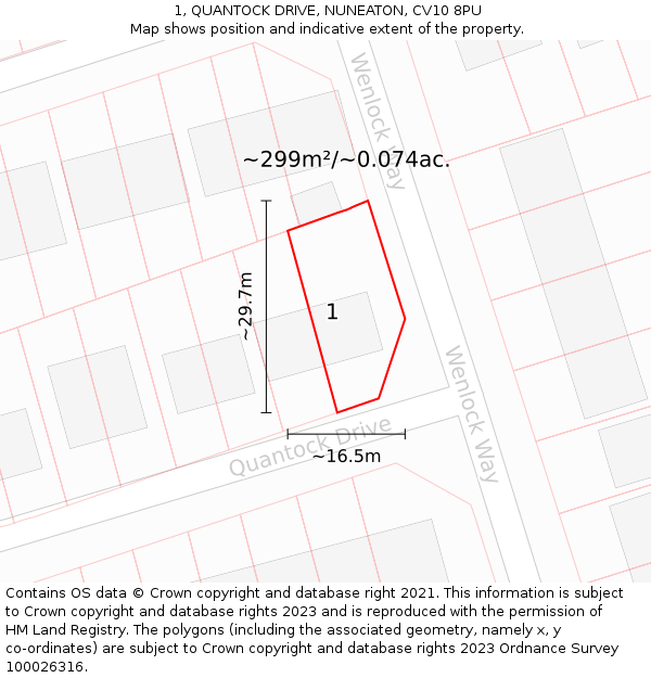 1, QUANTOCK DRIVE, NUNEATON, CV10 8PU: Plot and title map
