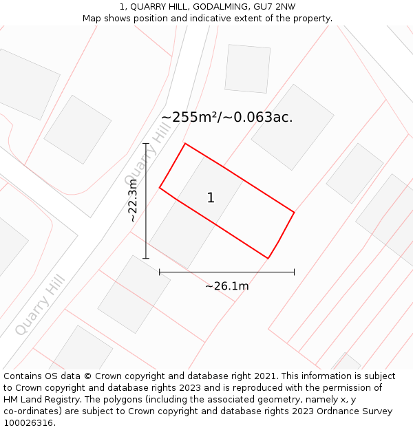 1, QUARRY HILL, GODALMING, GU7 2NW: Plot and title map
