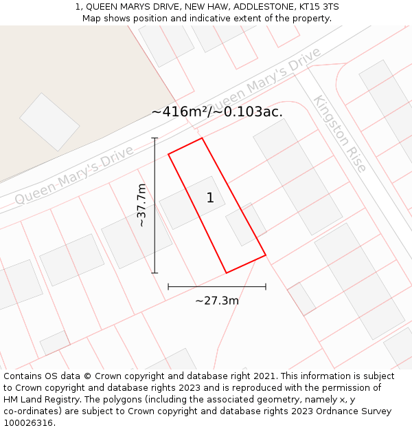 1, QUEEN MARYS DRIVE, NEW HAW, ADDLESTONE, KT15 3TS: Plot and title map