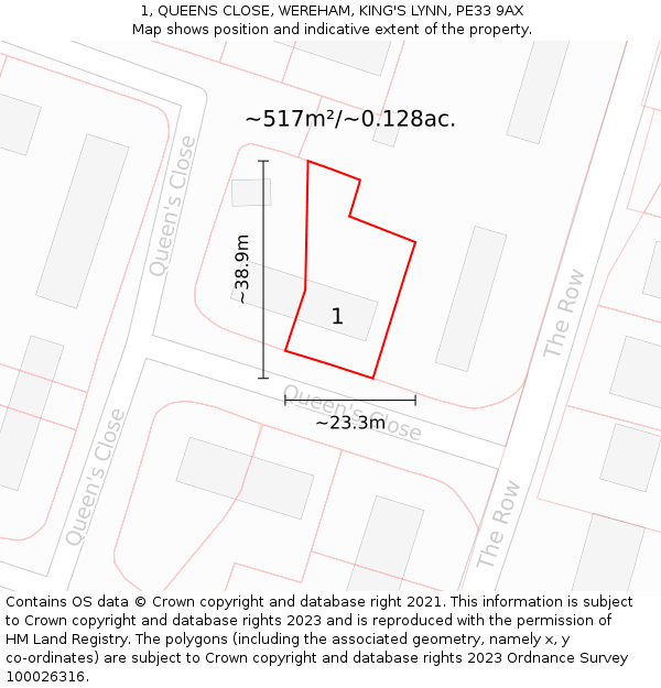 1, QUEENS CLOSE, WEREHAM, KING'S LYNN, PE33 9AX: Plot and title map