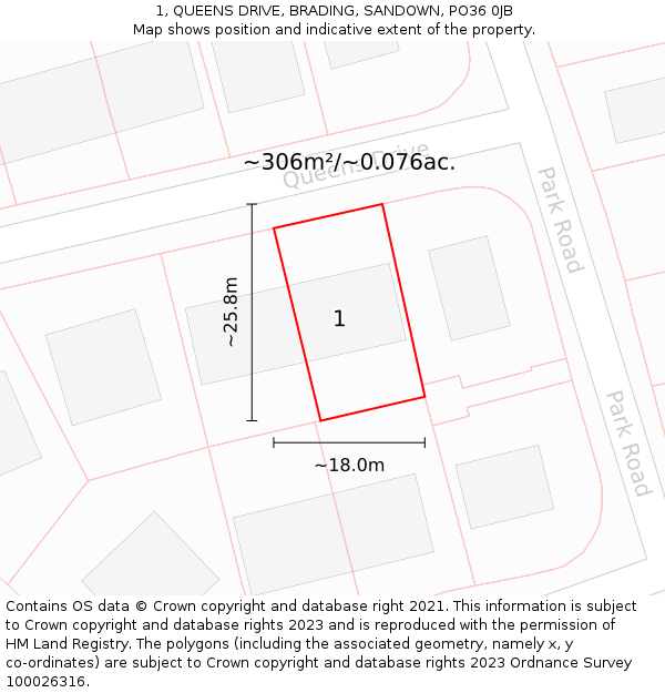 1, QUEENS DRIVE, BRADING, SANDOWN, PO36 0JB: Plot and title map