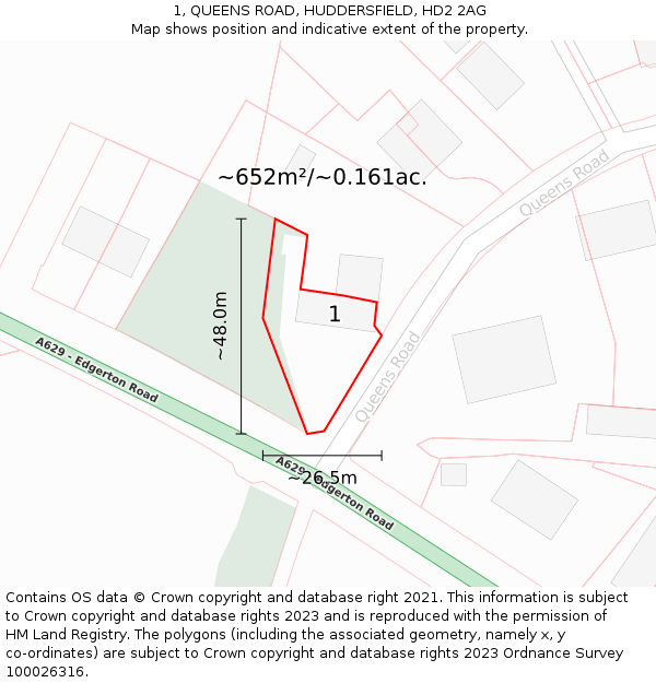 1, QUEENS ROAD, HUDDERSFIELD, HD2 2AG: Plot and title map