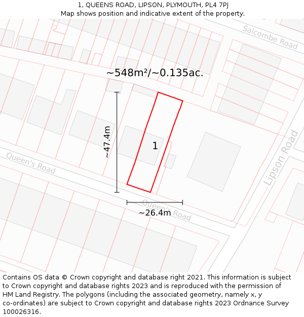 1, QUEENS ROAD, LIPSON, PLYMOUTH, PL4 7PJ: Plot and title map