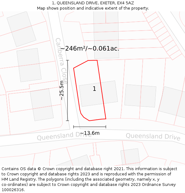 1, QUEENSLAND DRIVE, EXETER, EX4 5AZ: Plot and title map