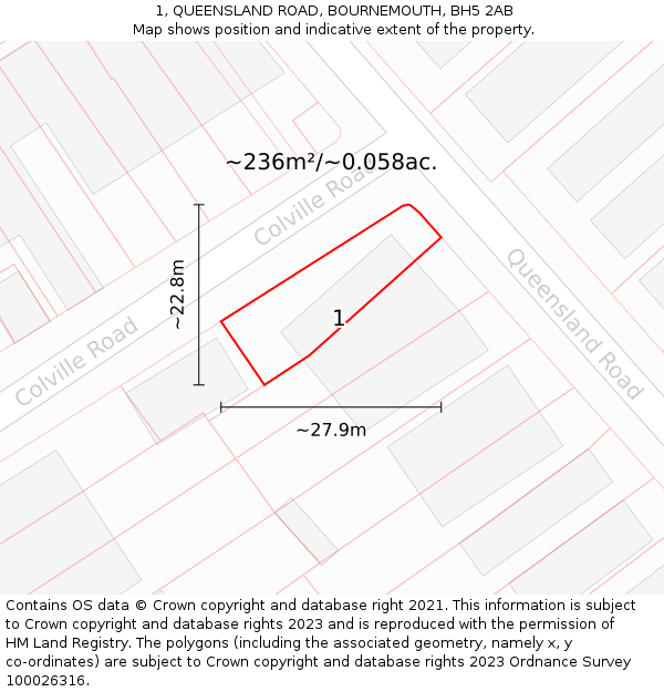 1, QUEENSLAND ROAD, BOURNEMOUTH, BH5 2AB: Plot and title map