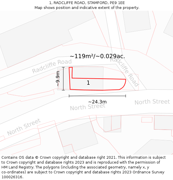 1, RADCLIFFE ROAD, STAMFORD, PE9 1EE: Plot and title map