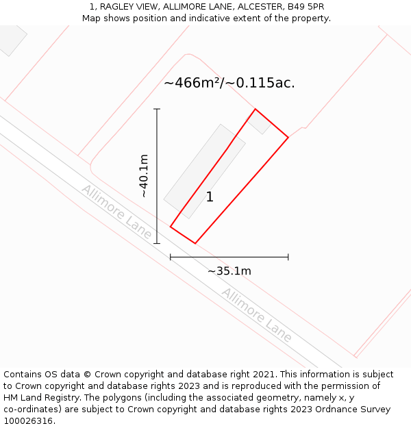 1, RAGLEY VIEW, ALLIMORE LANE, ALCESTER, B49 5PR: Plot and title map