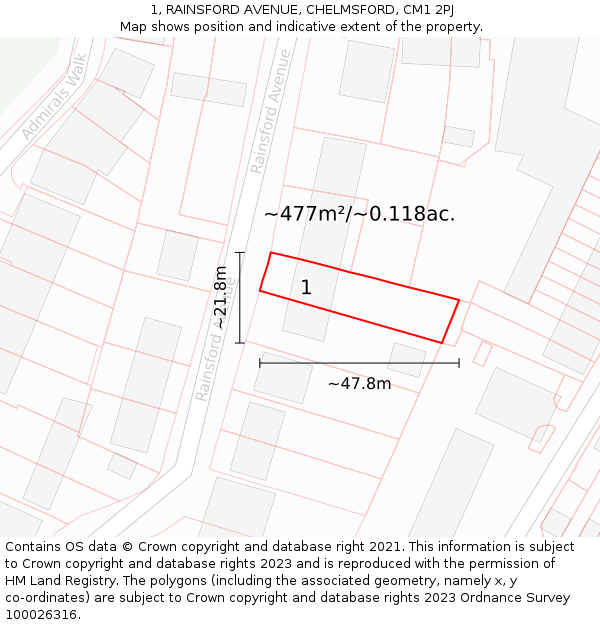 1, RAINSFORD AVENUE, CHELMSFORD, CM1 2PJ: Plot and title map