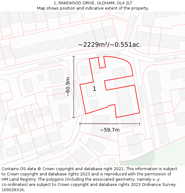 1, RAKEWOOD DRIVE, OLDHAM, OL4 2LT: Plot and title map