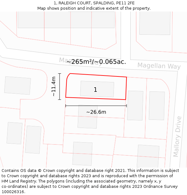 1, RALEIGH COURT, SPALDING, PE11 2FE: Plot and title map