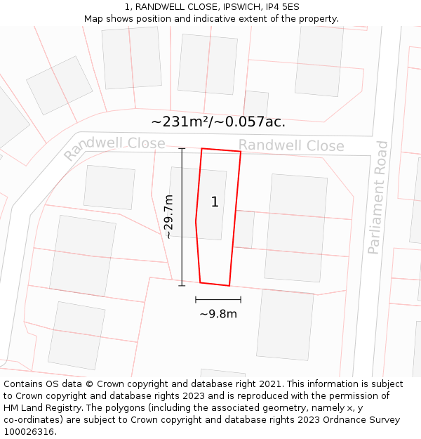 1, RANDWELL CLOSE, IPSWICH, IP4 5ES: Plot and title map