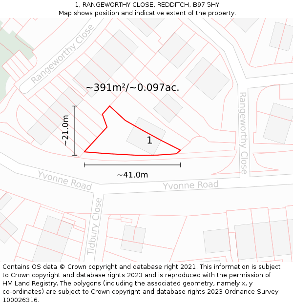 1, RANGEWORTHY CLOSE, REDDITCH, B97 5HY: Plot and title map