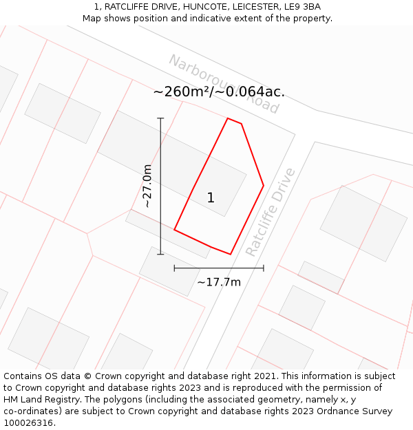 1, RATCLIFFE DRIVE, HUNCOTE, LEICESTER, LE9 3BA: Plot and title map