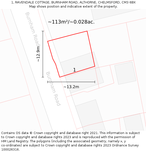 1, RAVENDALE COTTAGE, BURNHAM ROAD, ALTHORNE, CHELMSFORD, CM3 6BX: Plot and title map