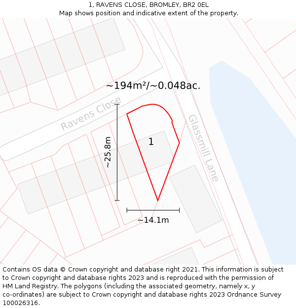1, RAVENS CLOSE, BROMLEY, BR2 0EL: Plot and title map