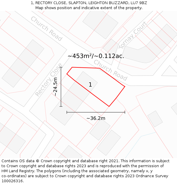 1, RECTORY CLOSE, SLAPTON, LEIGHTON BUZZARD, LU7 9BZ: Plot and title map
