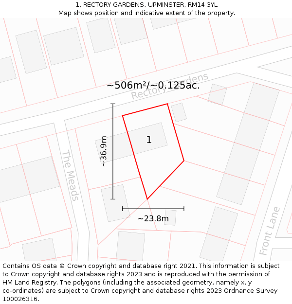 1, RECTORY GARDENS, UPMINSTER, RM14 3YL: Plot and title map