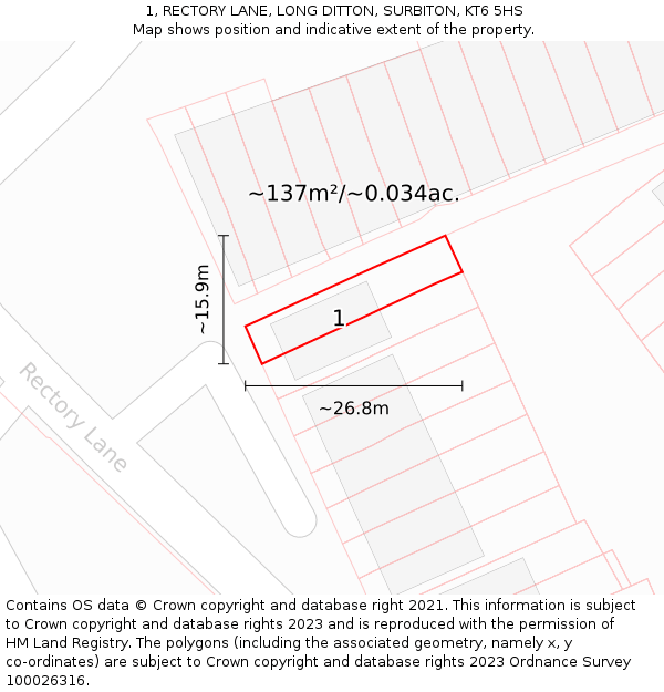 1, RECTORY LANE, LONG DITTON, SURBITON, KT6 5HS: Plot and title map