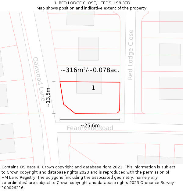 1, RED LODGE CLOSE, LEEDS, LS8 3ED: Plot and title map
