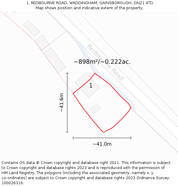 1, REDBOURNE ROAD, WADDINGHAM, GAINSBOROUGH, DN21 4TD: Plot and title map