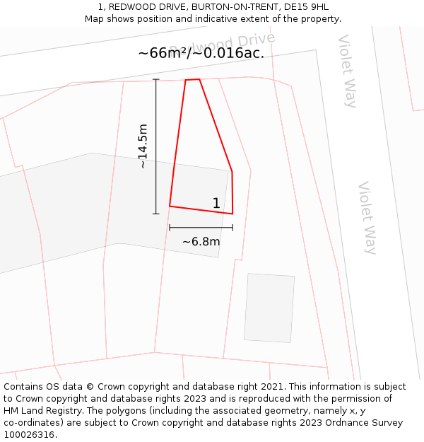1, REDWOOD DRIVE, BURTON-ON-TRENT, DE15 9HL: Plot and title map