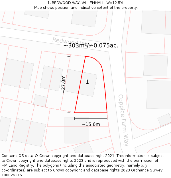 1, REDWOOD WAY, WILLENHALL, WV12 5YL: Plot and title map