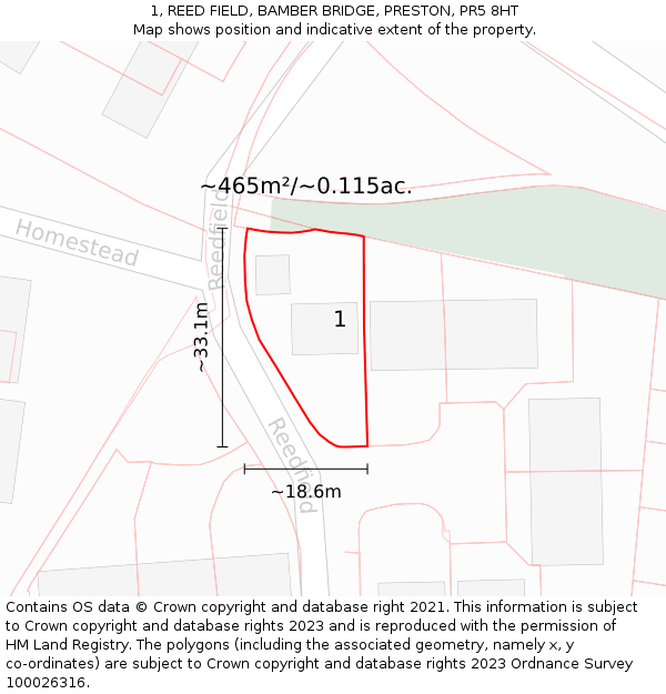 1, REED FIELD, BAMBER BRIDGE, PRESTON, PR5 8HT: Plot and title map