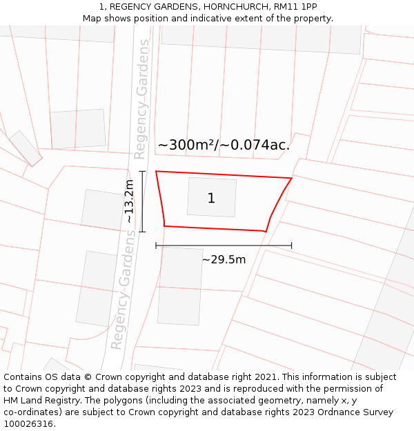 1, REGENCY GARDENS, HORNCHURCH, RM11 1PP: Plot and title map